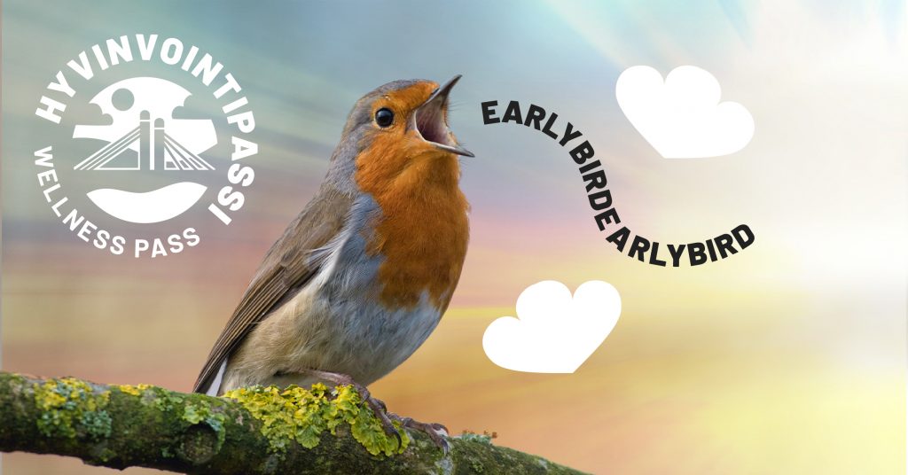 A picture of a bird, with the text "Early bird" coming out of it's peak. The Wellness pass logo is on the left.